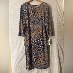 Fashion To Figure Sheath Dress 3/4 Sleeve Blue/Brown Patterned Women’s Sz 2 NWT